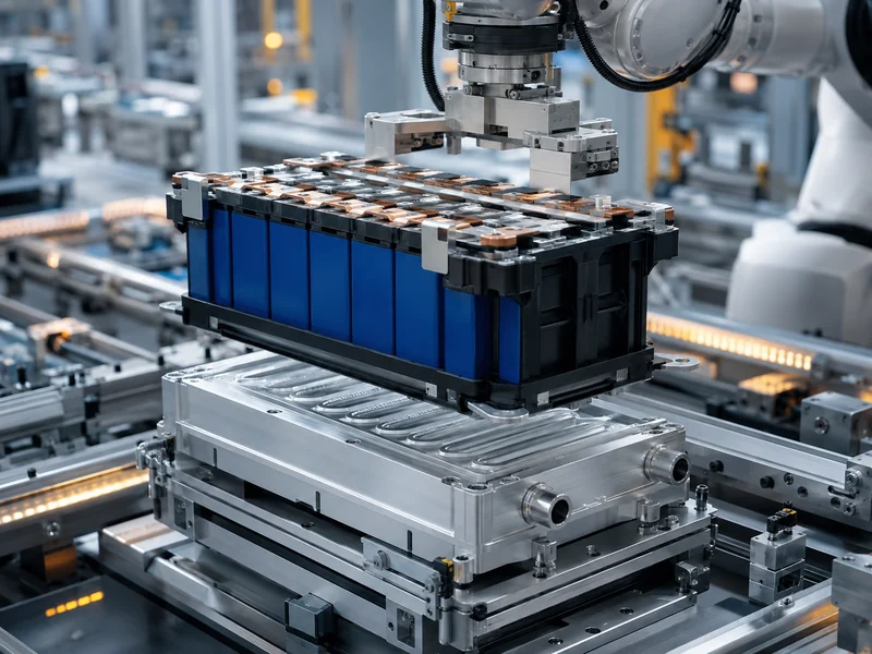 Battery module assembly line joining matched cells over a cold plate before pack integration