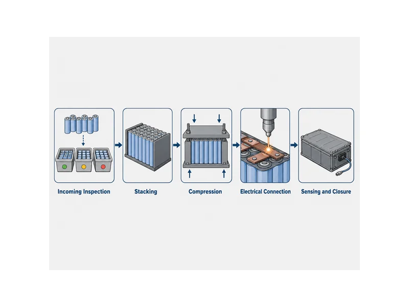 Battery module assembly process sequence from incoming cell sorting through compression and electrical connection