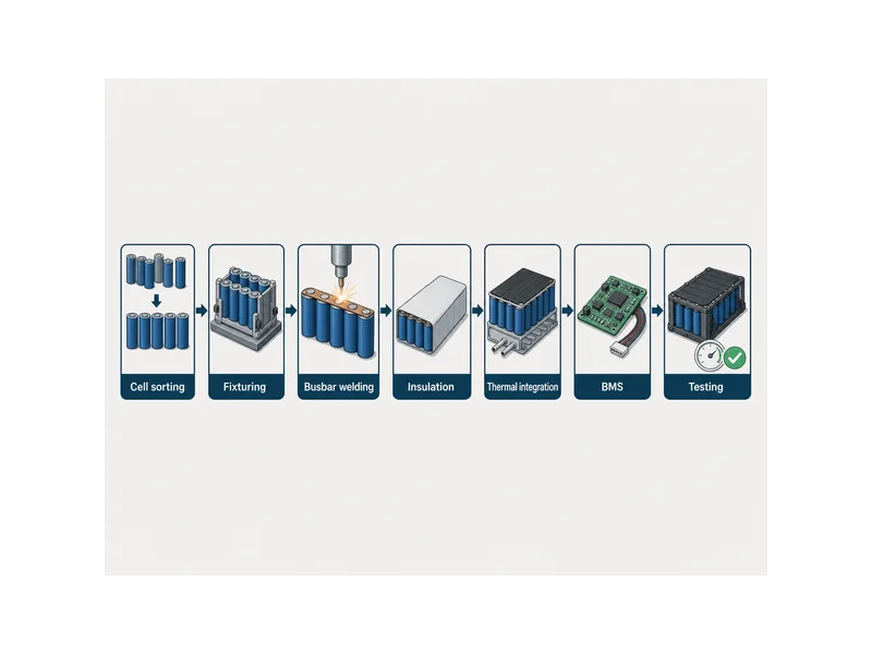 Battery module assembly sequence from cell sorting through busbar welding to module-level testing