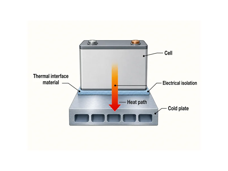 Cell-to-cold-plate thermal interface in battery module assembly with gap filler carrying the heat path across electrical isolation