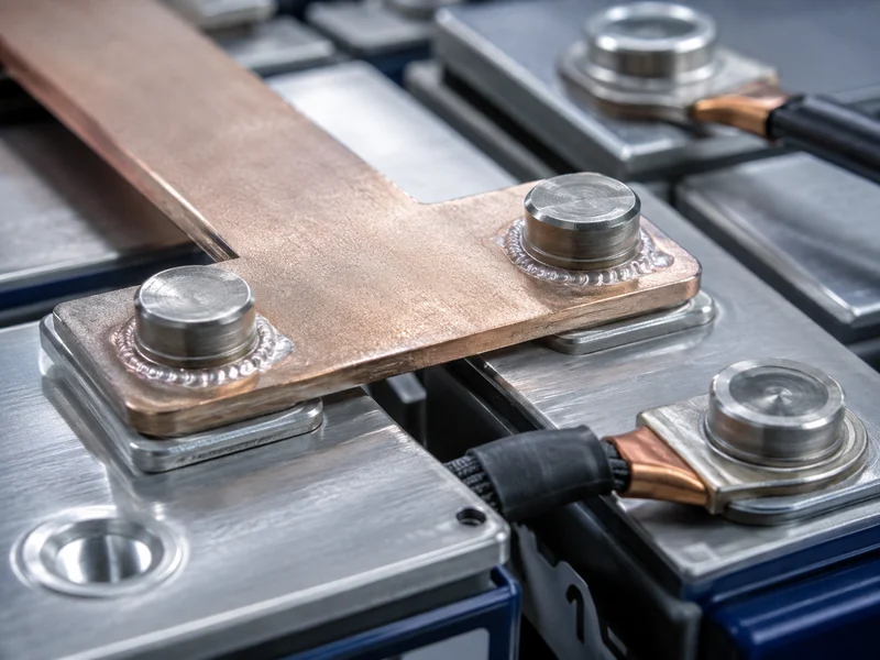 Close-up of laser-welded busbar-to-terminal connection on a battery module during assembly