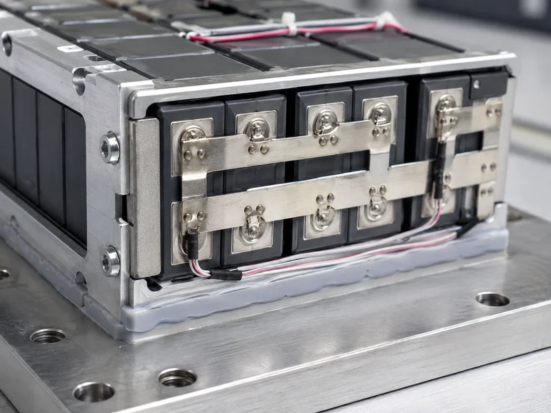 Close-up of a battery module's busbars and gap filler against a cooling surface, the module side of the battery pack heat path