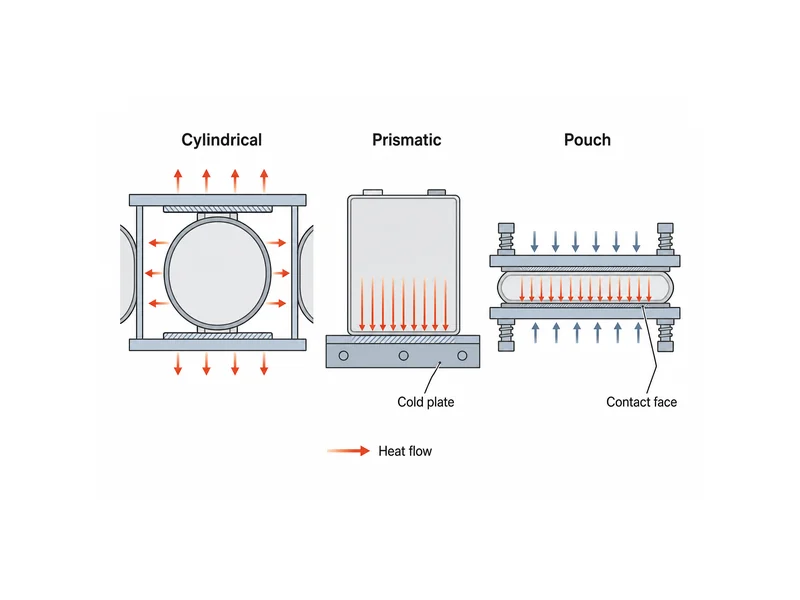 Diagram comparing cylindrical, prismatic, and pouch cell formats and how each contact geometry meets a battery module cold plate