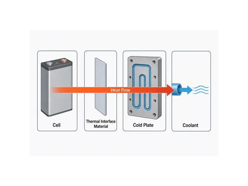 Battery module design heat path from cell through thermal interface material and cold plate to coolant