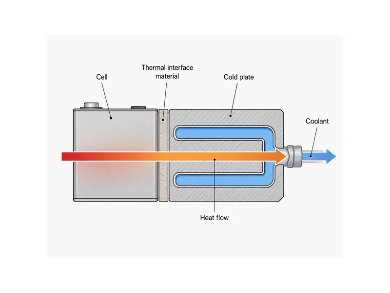 Energy storage battery module thermal path diagram tracing heat from the cell through thermal interface material into a cold plate and out with coolant
