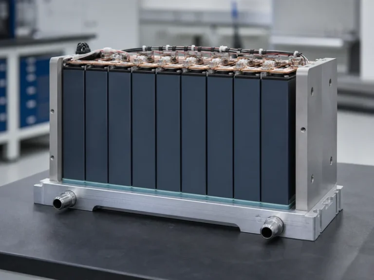 Battery module design with prismatic cells clamped to an aluminum cold plate inside an enclosure