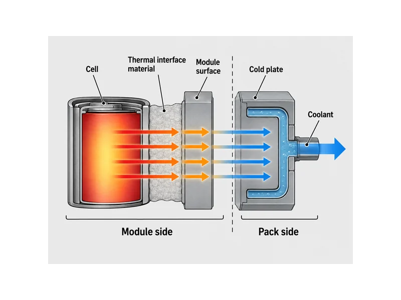Diagram of the battery module and battery pack thermal path from cell through thermal interface material to cold plate and coolant