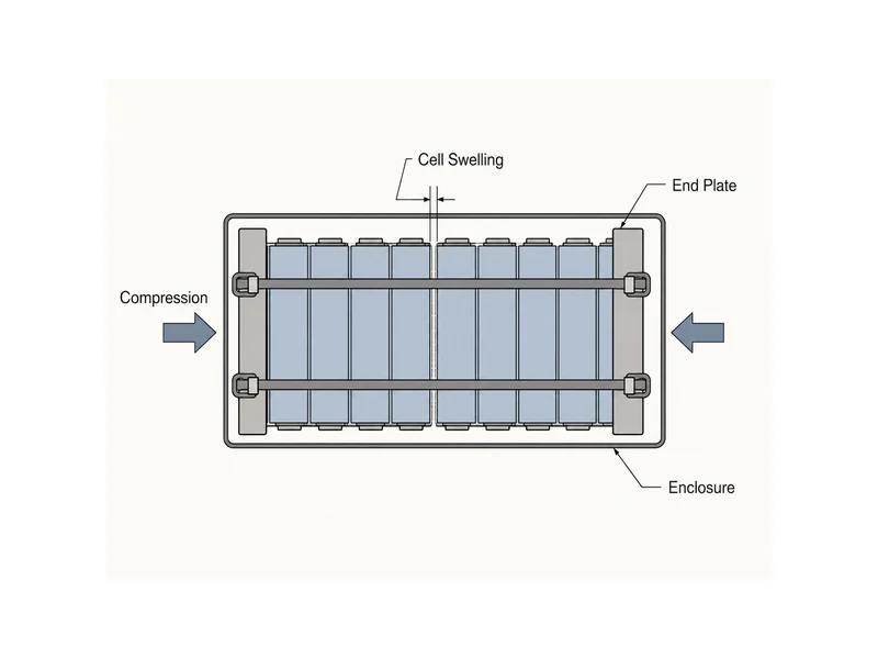 Battery module design retention with end plates and compression accommodating cell swelling
