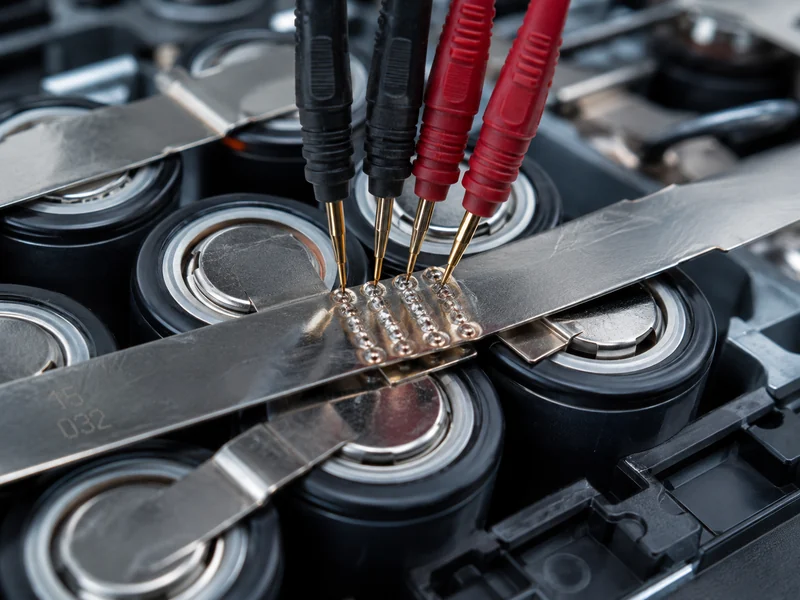 Close-up of battery module busbar welds and interconnects during module testing, where connection resistance and weld quality are checked
