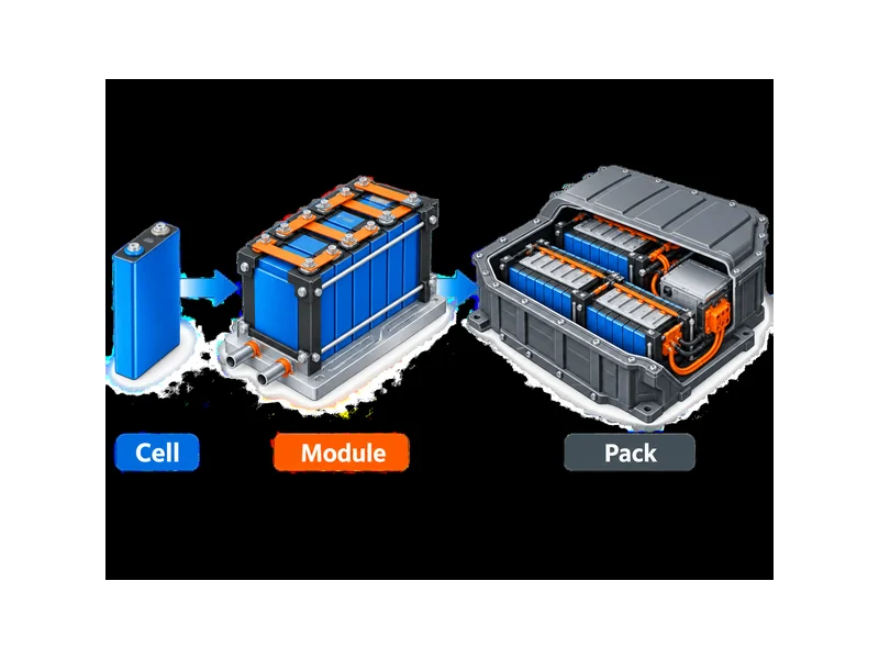 Battery module testing sequence diagram showing cell, module, and pack levels and where interconnect and thermal-contact variables enter at the module stage