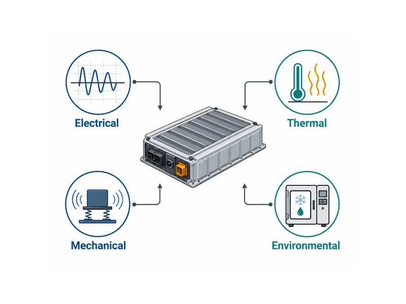 Battery module testing categories diagram covering electrical, thermal, mechanical, and environmental checks across a module test program
