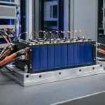 Battery module testing setup with an assembled lithium-ion module on a test bench and cabling for capacity and internal-resistance measurement