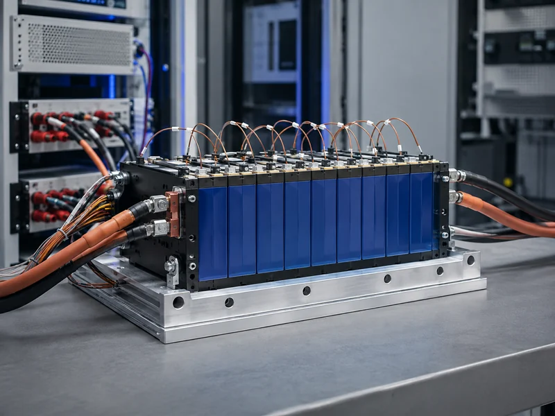 Battery module testing setup with an assembled lithium-ion module on a test bench and cabling for capacity and internal-resistance measurement