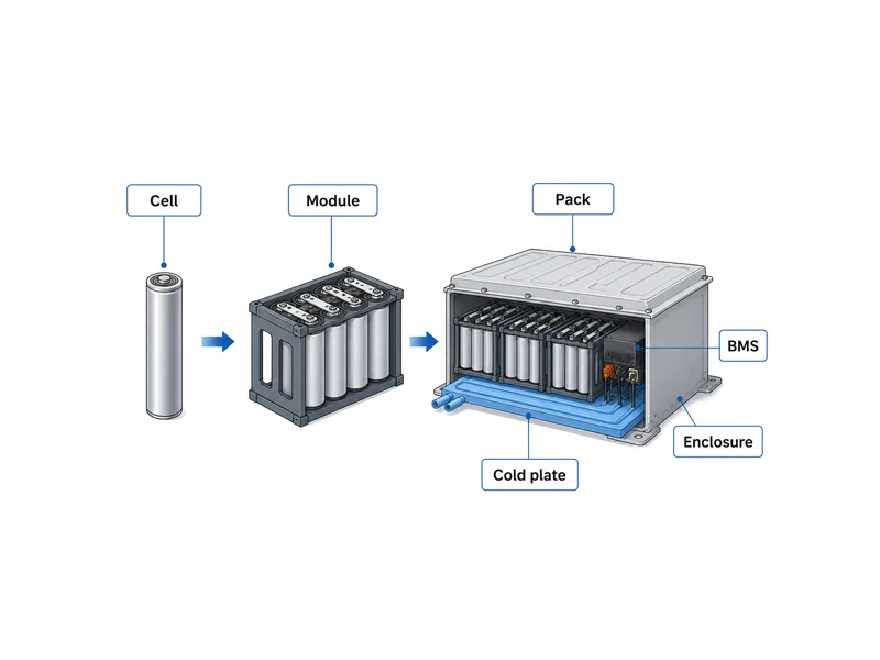 Diagram of the cell to module to pack hierarchy showing how a battery module and battery pack differ in scope and integration