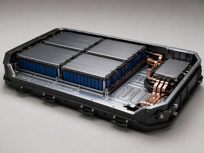 Cutaway of an EV battery pack showing modules, a cold plate, and the enclosure that mark the difference between a battery module and a battery pack