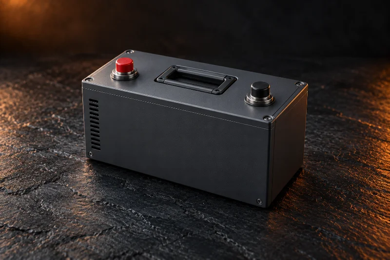 Compact 48V-accupakket in een donkergrijze metalen behuizing met twee aansluitklemmen.