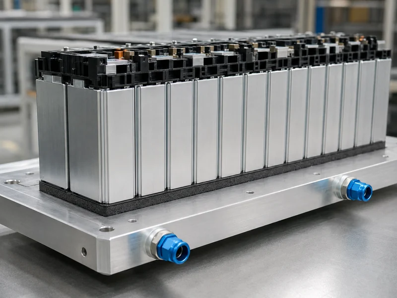 Carbon fiber thermal interface material layer compressed between a prismatic battery module and a liquid cold plate along the cell-to-coolant heat path