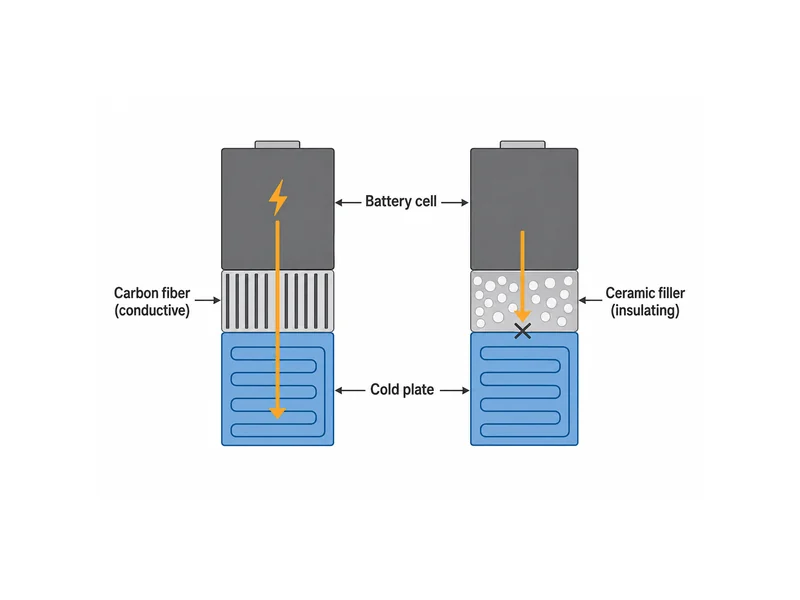 Diagram contrasting a conductive carbon fiber thermal interface material with an insulating ceramic-filled gap filler at a battery cell-to-cold-plate joint