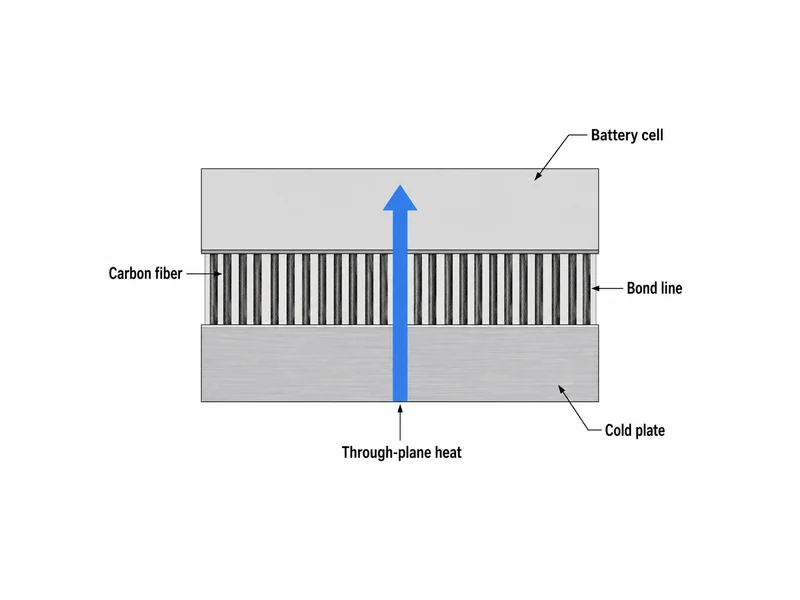 Cross-section diagram of a carbon fiber thermal interface material with vertically oriented fibers forming a through-plane heat path across the bond line