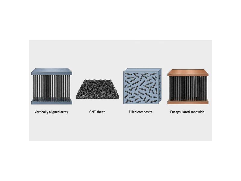 Four structural types of carbon nanotube thermal interface material: vertically aligned array, CNT sheet, filled composite, and encapsulated metal-foil sandwich