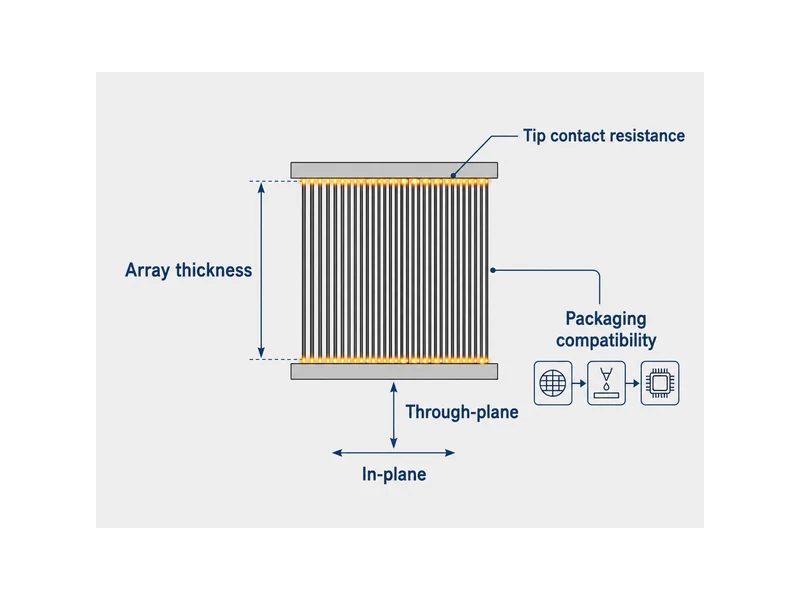 Carbon nanotube thermal interface material performance limits, showing tip contact resistance, achievable array thickness, packaging compatibility, and through-plane versus in-plane conductivity