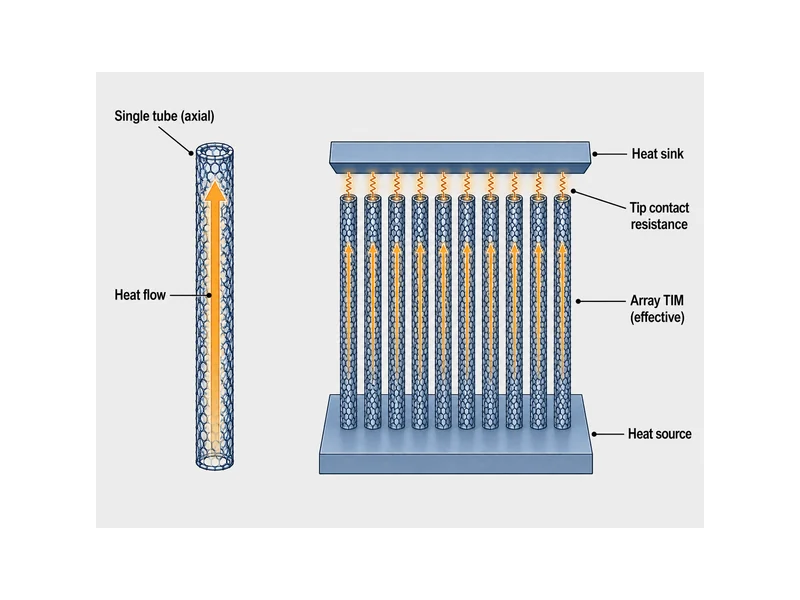 Diagram comparing a single carbon nanotube's axial conductivity with the much lower effective conductivity of a carbon nanotube thermal interface material array limited by tip contact resistance