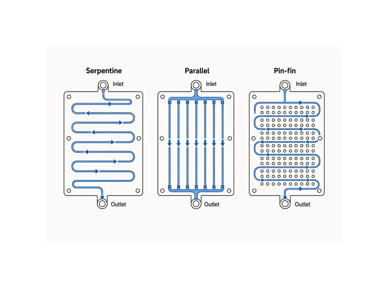 Cold plate flow path design diagram comparing serpentine, parallel, and pin-fin channel layouts and their pressure drop versus temperature uniformity trade-off