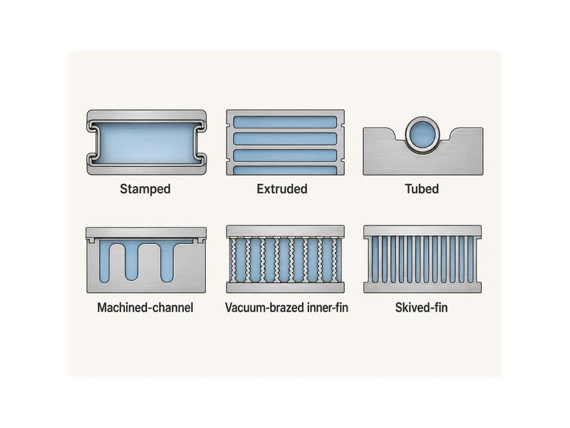Comparison of cold plate structure types for liquid cooling plate design, showing stamped, extruded, tubed, machined-channel, vacuum-brazed inner-fin, and skived-fin cross-sections