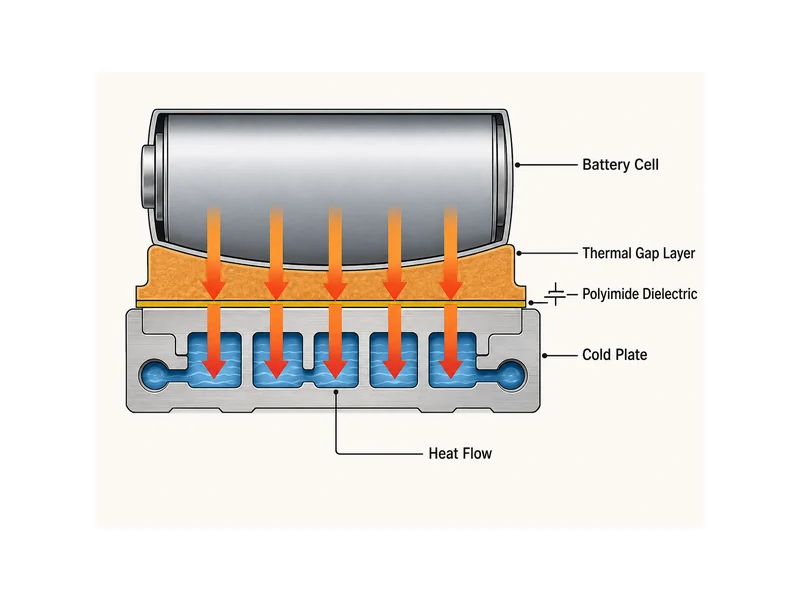 Multi-layer die cut thermal interface material in an EV battery pack showing thermal gap layer, polyimide dielectric, and cold plate heat path