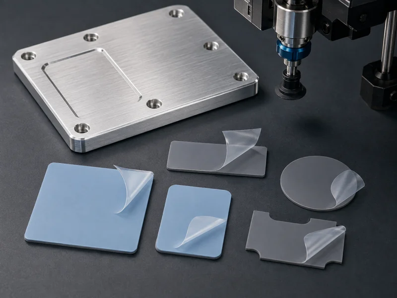 Die cut thermal interface material pads with peeled release liner staged beside an aluminum cold plate for automated pick-and-place assembly