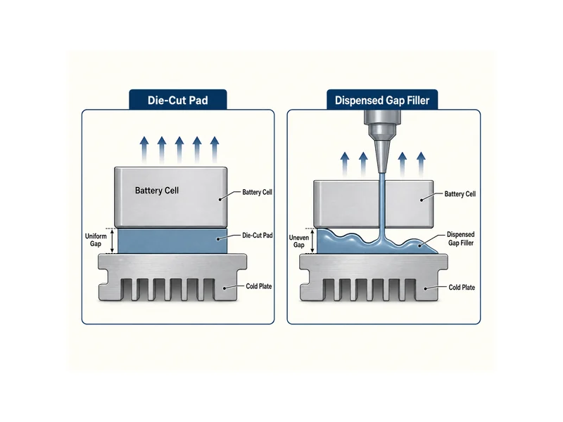 Die cut thermal interface material pad versus dispensed gap filler chosen by interface gap uniformity and assembly stress on the battery cell