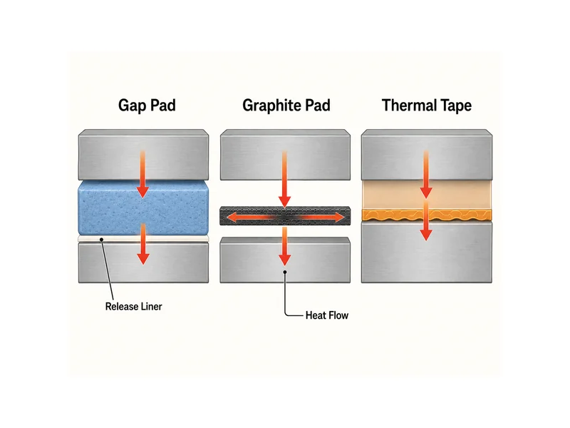 Die cut thermal interface material types compared: gap pad, graphite pad, and thermal tape with heat-flow and release-liner notes