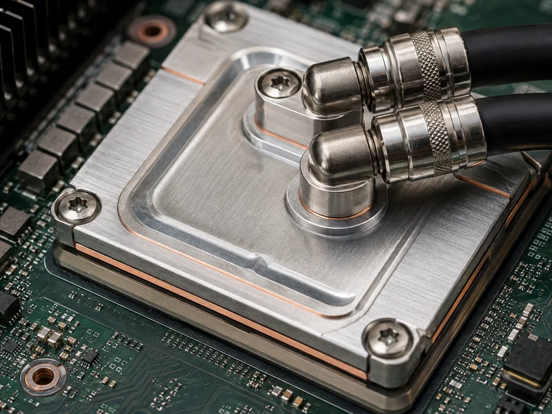 Direct-to-chip cold plate mounted on an AI accelerator with coolant fittings for high rack-density cooling