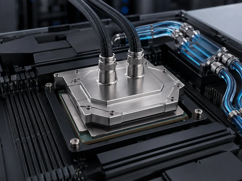 DLC cooling cold plate bolted onto a server GPU package with a sealed coolant loop carrying heat away at the chip
