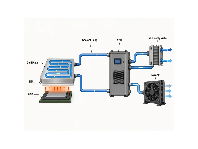 DLC cooling heat path from chip through cold plate, coolant loop, and CDU to facility water or air heat rejection
