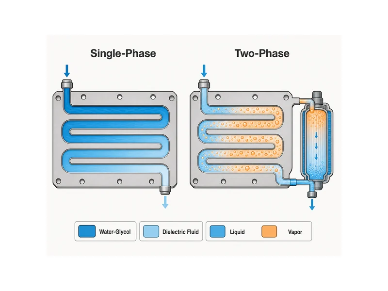 Single-phase vs two-phase DLC cooling, showing water-glycol staying liquid versus dielectric fluid boiling and condensing in the cold plate