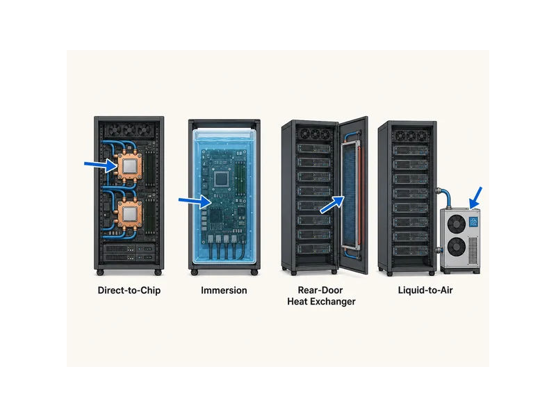 DLC cooling compared with immersion, rear-door heat exchanger, and liquid-to-air, showing where each method intercepts heat in the rack