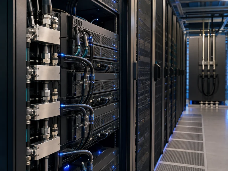Liquid-cooled AI server racks in a data center showing how AI servers are cooled at over 100 kW per rack