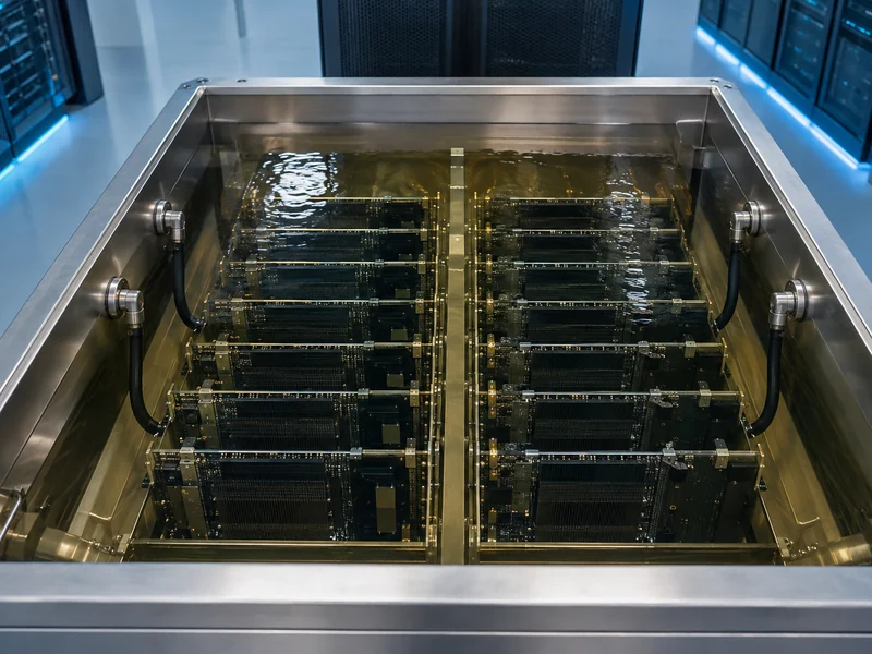AI servers submerged in dielectric fluid for immersion cooling at high rack power density