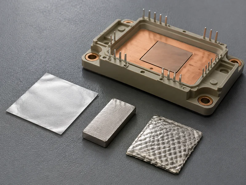 Close-up of indium foil and preform thermal interface material forms before placement on a power-module package