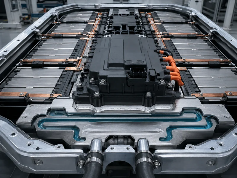 Indium thermal interface material in the cell-to-coolant heat path of an EV battery pack routed to a liquid cold plate