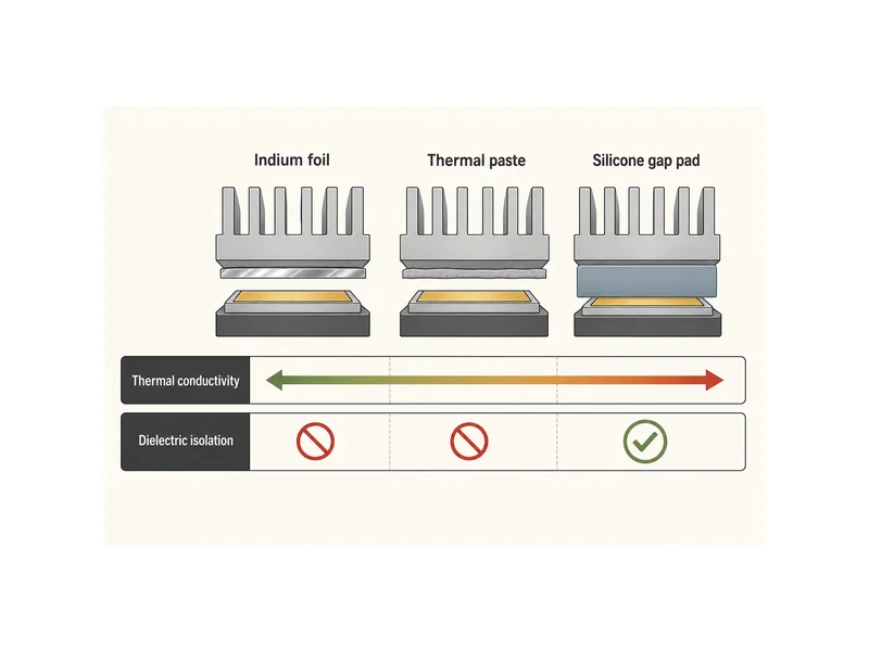 Comparison chart of indium thermal interface material versus thermal paste and silicone gap pad by conductivity and dielectric isolation