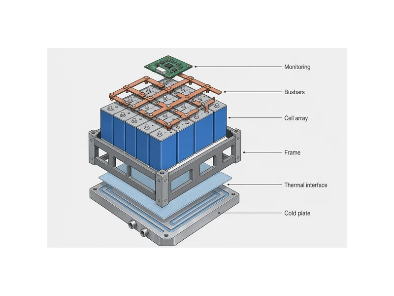 Labeled diagram of what is inside an energy storage battery module: cell array, busbars, frame, monitoring, and a thermal interface to the cold plate