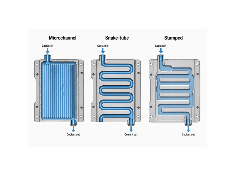 Liquid cold plate construction types compared — microchannel, snake-tube, and stamped plates with coolant channels
