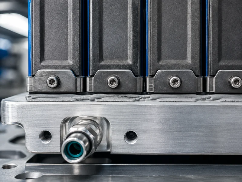 Close-up of a liquid-cooled energy storage battery module seated on a cold plate, showing the interface and clamping between cells and cooling surface