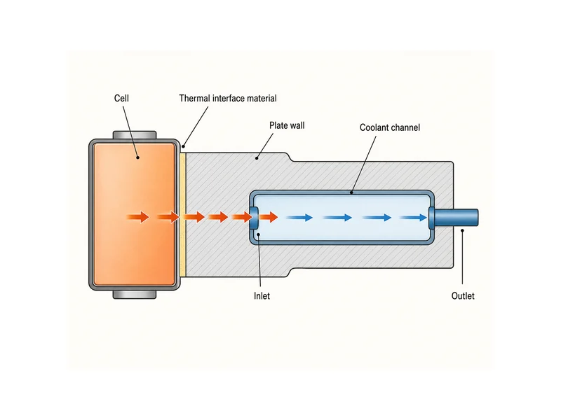 Liquid cooling plate design heat path diagram from battery cell through thermal interface material, plate wall, and coolant channel between inlet and outlet