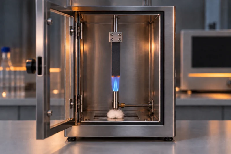 Striscia di prova in silicone nero fissata verticalmente in una camera di combustione durante una prova di combustione verticale