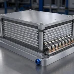 Pouchzellen-Batteriemodul: Komprimierter Pouchzellenstapel, der in einem Endplattenrahmen auf einer flüssigkeitsgekühlten Platte gehalten wird