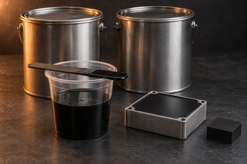 Composto di incapsulamento siliconico bicomponente: secchielli senza etichetta, una tazza di composto nero miscelato, un blocco campione indurito e un alloggiamento in alluminio incapsulato.