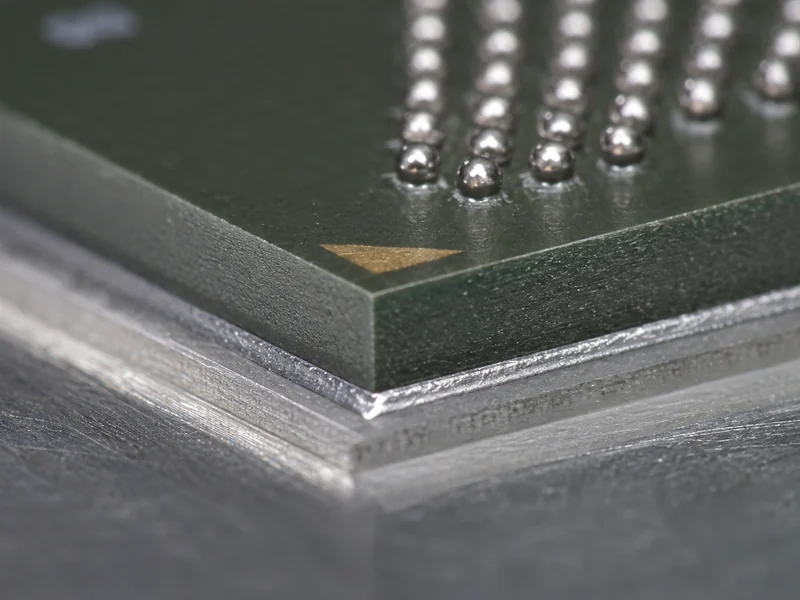 Close-up of a solder thermal interface material joint on a high-power BGA package showing the thin bondline